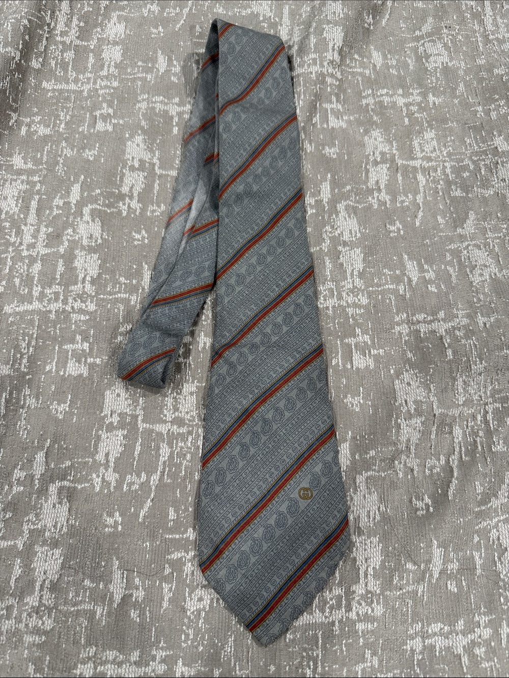 Gucci Gray Silk Tie with Red and Black Stripes